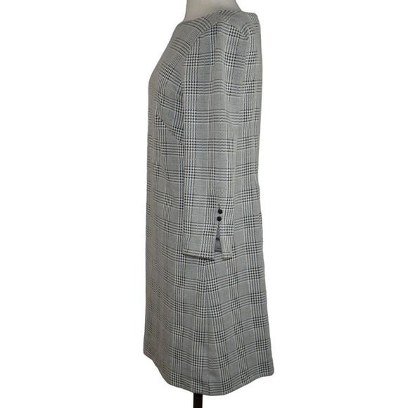Ann Taylor Shift Dress Size 6 Houndstooth Plaid Gray Preppy Midi Long Sleeve - Picture 2 of 7